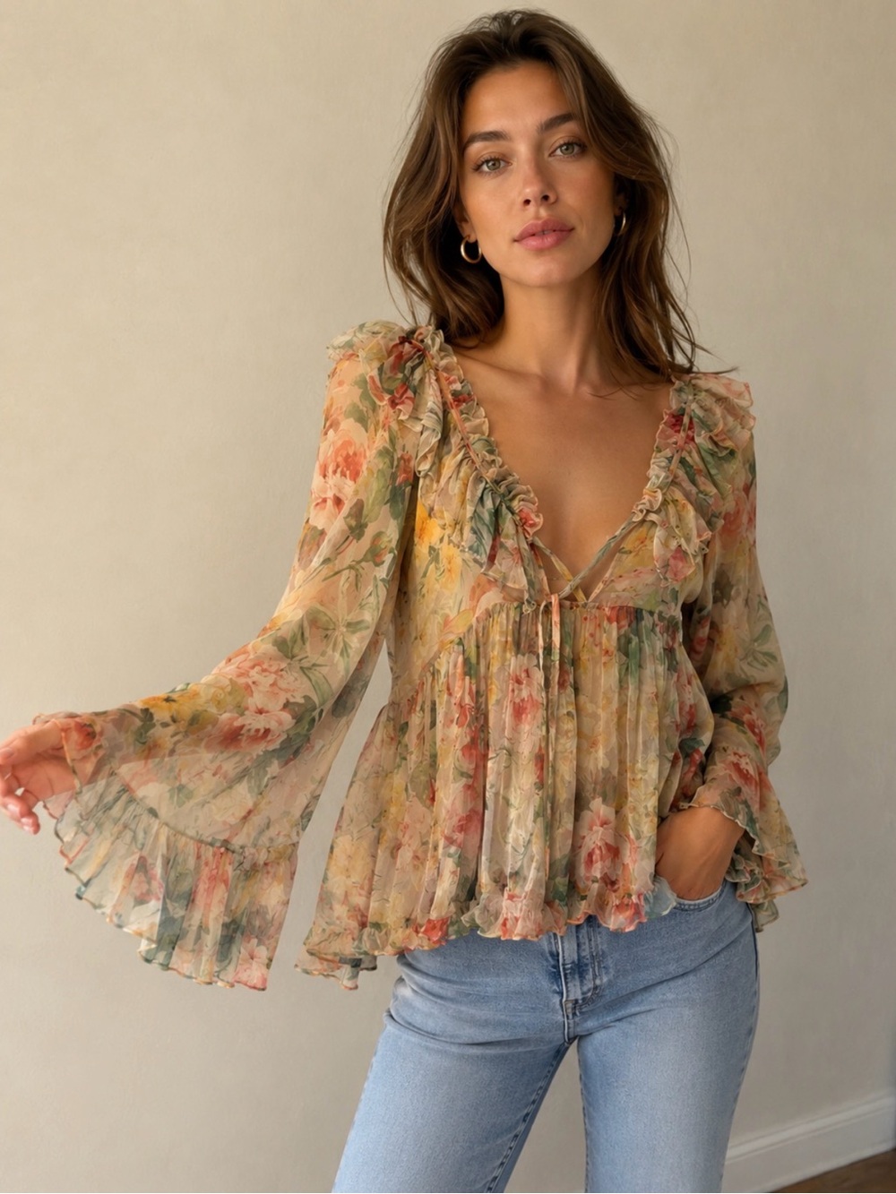 Johnny Was 100% silk Sheer Beige Floral Ruffle V-Neck Blouse